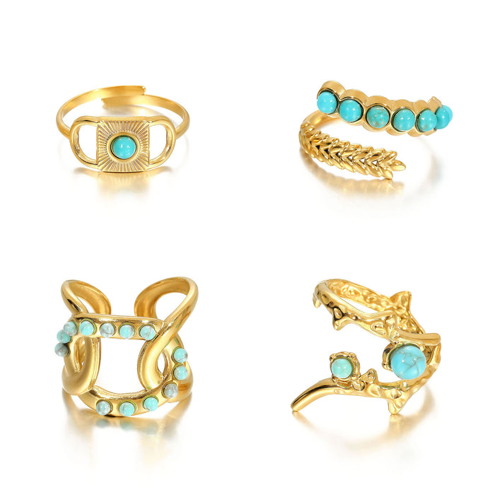 Wholesale Stainless Steel Gold Turquoise Wheat-Ear Design Adjustable rings