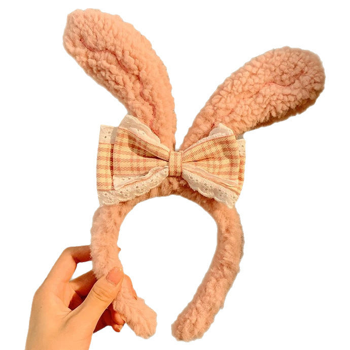 Wholesale Cute bow bunny ears lace trim plush headband