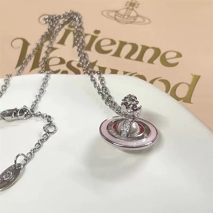 Wholesale Pearl Enamel 3D Saturn Pendant Long Necklace