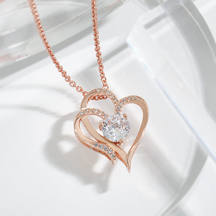Wholesale Cross border platinum double heart pendant necklace with elegant temperament and high-end feel, set with zircon heart necklace