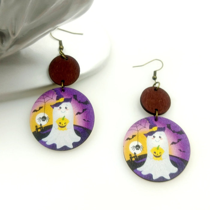 Wholesale Halloween Wooden Print Ghost Earrings JDC-ES-Yinxue007