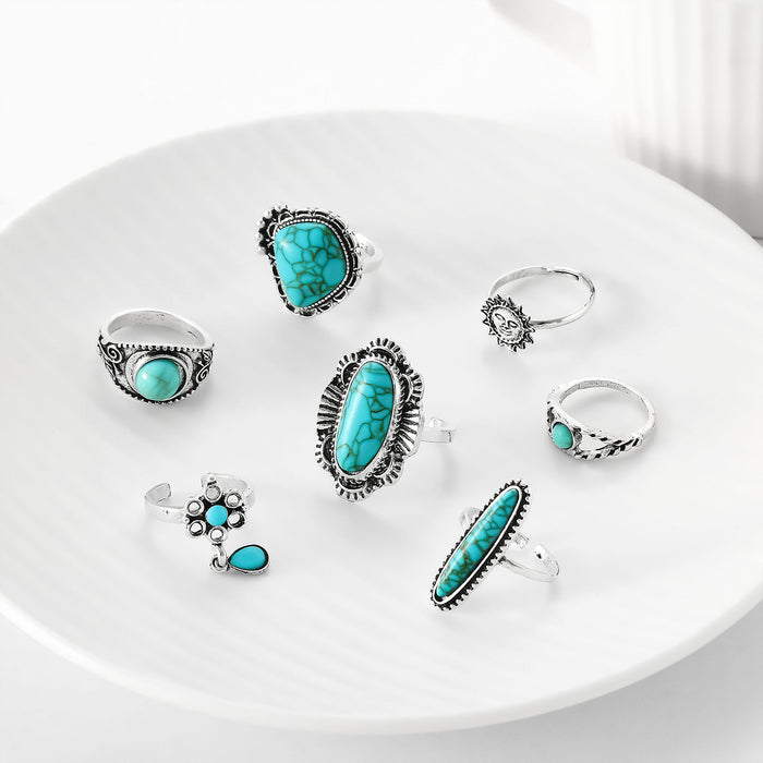 Wholesale retro personality turquoise 7 suit ring set