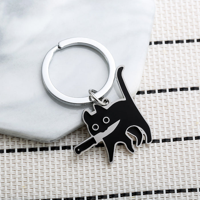 Wholesale Black Cat Holding Knife Stainless Steel Keychain JDC-KC-JinZ004