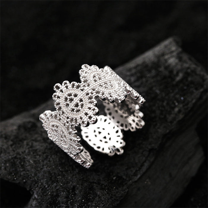 Wholesale Pure silver hollowed out lace ring with retro floral design, adjustable index finger ring