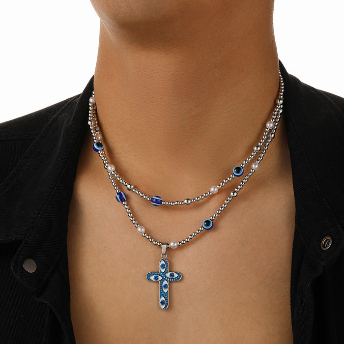 Wholesale Double Layer Devil's Eye Cross Beads Alloy Men's Necklace JDC-NE-JieYue001