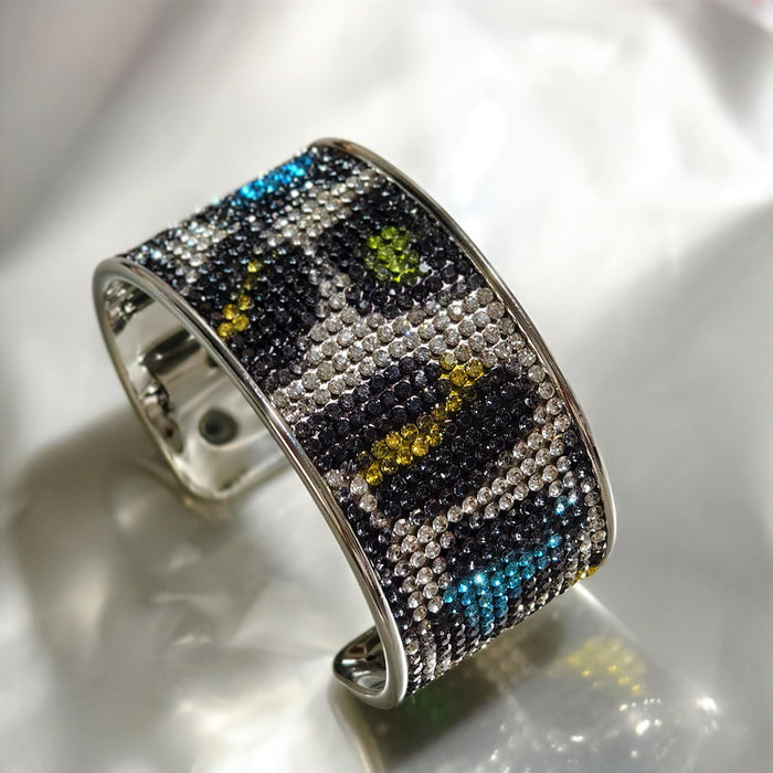 Wholesale Leopard Print Rhinestone Bangle Bracelet Silver Plated Open Cuff Fashion Jewelry Accessory