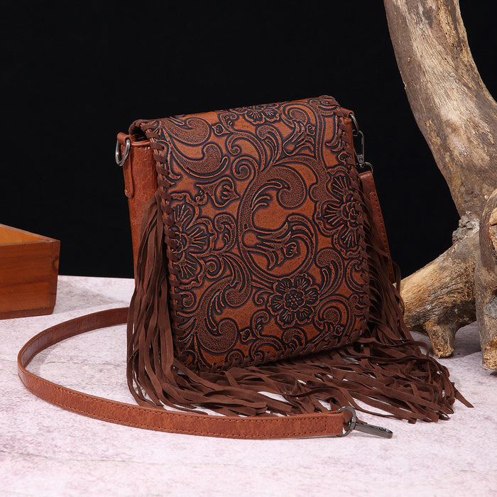 Wholesale Retro cotton and linen printed bohemian style leather carved shoulder crossbody women' s bag