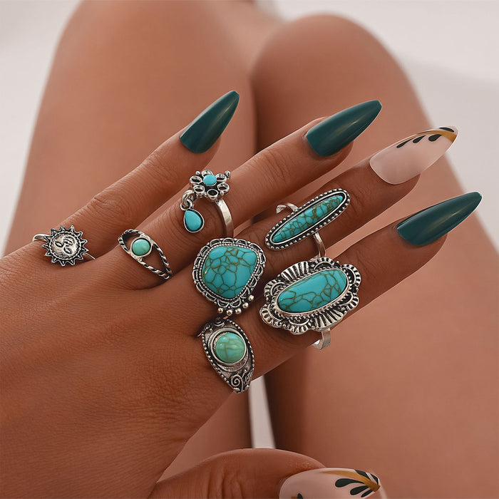 Wholesale retro personality turquoise 7 suit ring set