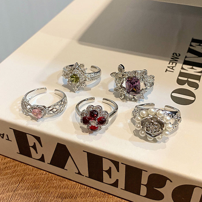 Wholesale Minimalist round bead flower ring with niche design, butterfly purple diamond layered with heart-shaped index finger ring