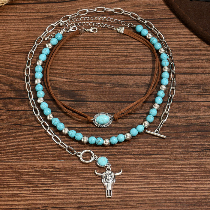Wholesale Buckle Velvet Turquoise Inlaid Double-Layer Necklace Western Cowboy Retro Ancient Bull Head Necklace