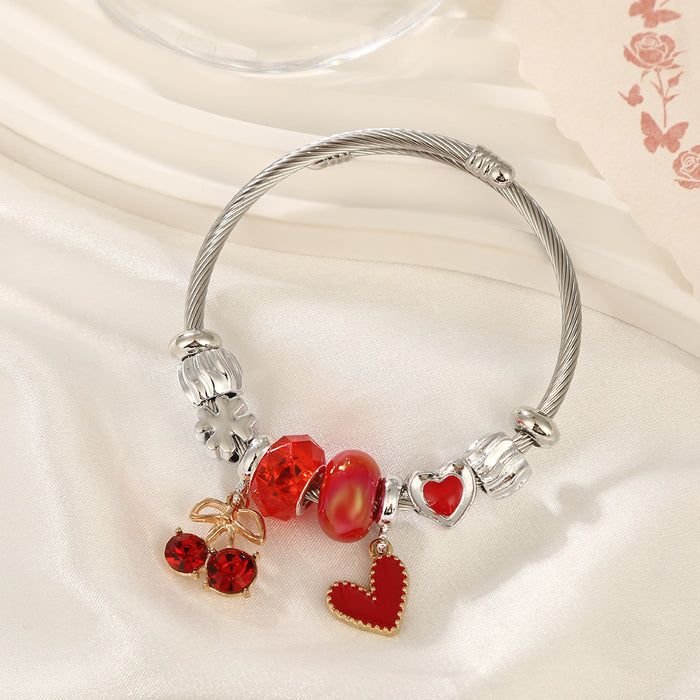 Wholesale Sweet Cherry Beaded Bracelet Stainless Steel Heart Jewelry MOQ≥2