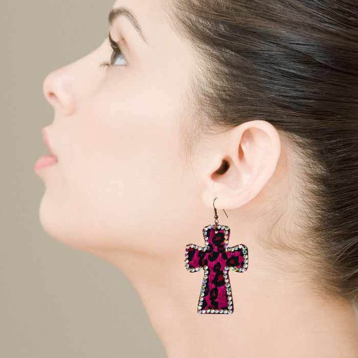 Wholesale Cross Shape Double Sided Printed Leopard Earrings JDC-ES-Hem004