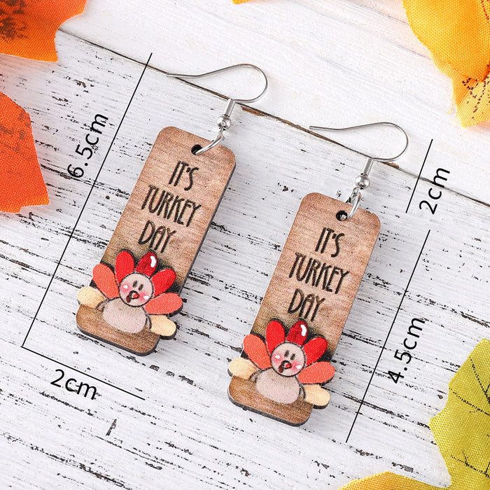 Wholesale Thanksgiving Funny Turkey Pendant Earrings Wooden Autumn Harvest Thanksgiving Double-Sided Earrings Gift
