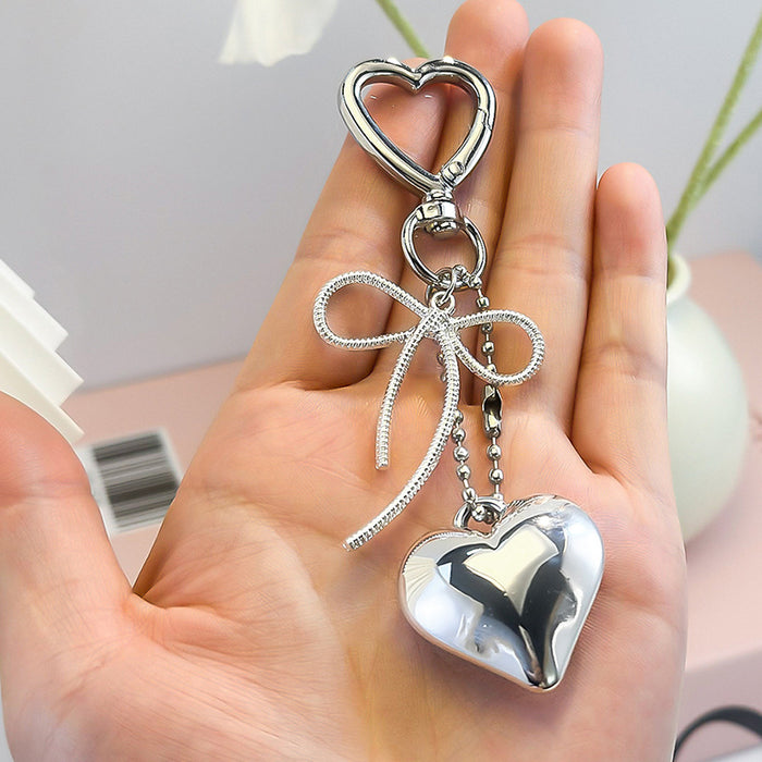 Wholesale Peach Heart Bow Keychain Beaded Metal Heart Keychain