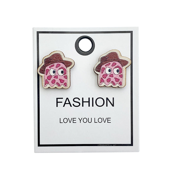 Wholesale  wooden stud earrings horror character Wood printed lightweight earrings funny classic