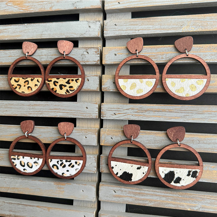 Wholesale Western genuine leather earrings geometric ing hollow inlaid leopard print classic exaggerated earrings