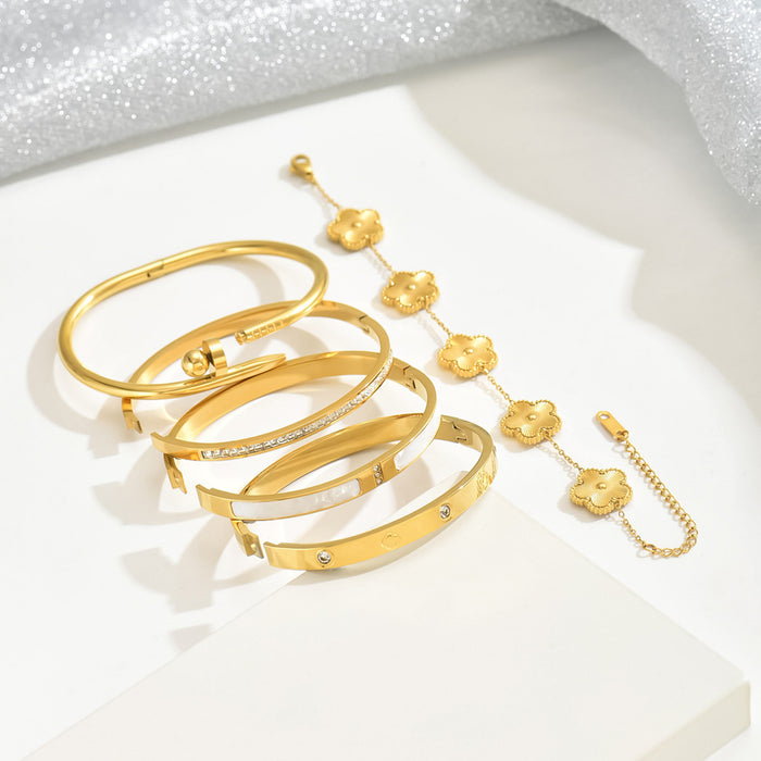 Wholesale Stainless Steel Gold Bangle Set With Rhinestones Chic Four Leaf Clover Design Fashion Jewelry Accessory