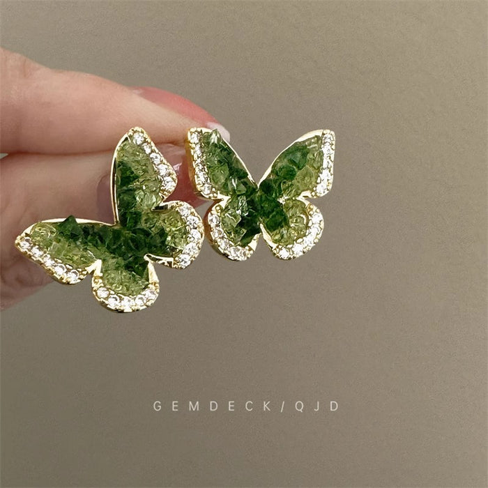 Wholesale Green Crystal Butterfly Earrings Women's Earrings Light Luxury Exquisite Earrings