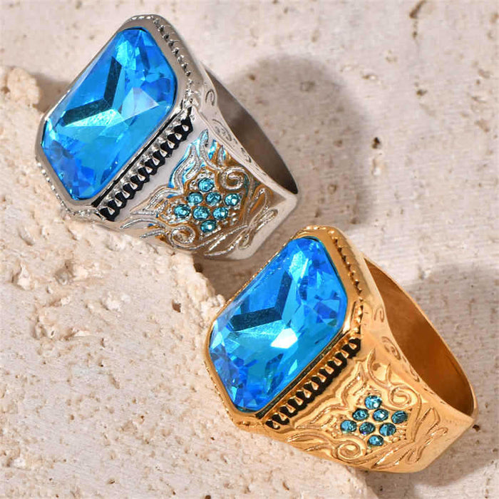 Wholesale HIPHOP titanium steel vacuum gold-plated ice blue rhinestone men' s ring