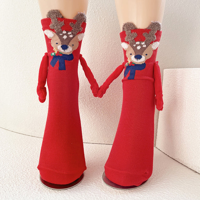 Wholesale Christmas magnetic hand-holding socks women' s cotton socks couple mid-calf length socks New Year gift socks