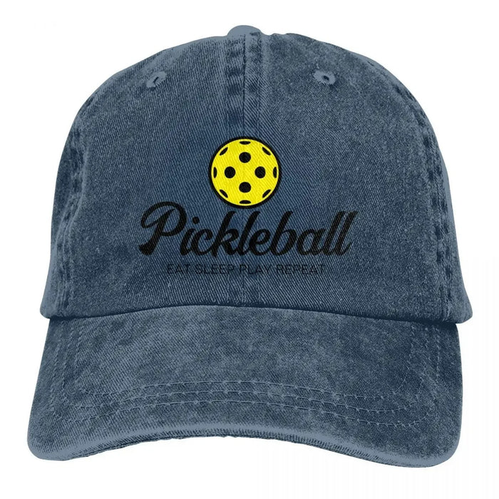 Wholesale Vintage Washed Baseball Cap With Yellow Pickleball Print Retro Distressed Curved Brim Adjustable Hat For Everyday Wear