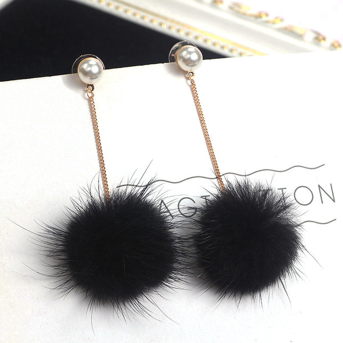 Wholesale mink fur ball earrings small cute long earrings