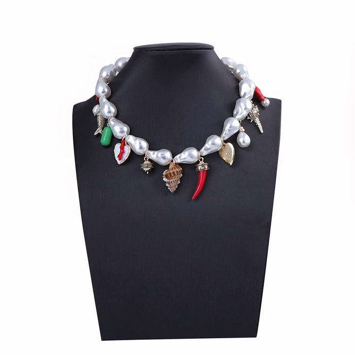 Wholesale imitation pearl alloy love ceramic small fish conch women's necklace