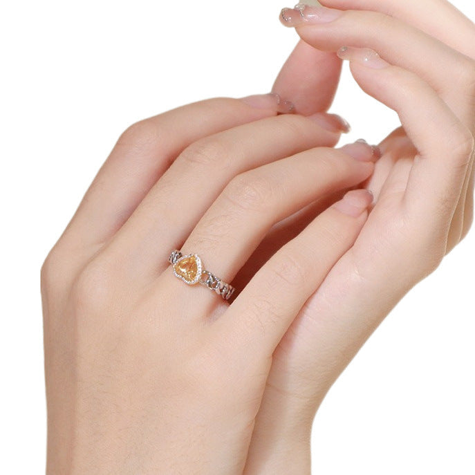 Wholesale Natural yellow crystal heart ring original niche temperament light luxury high-end ring