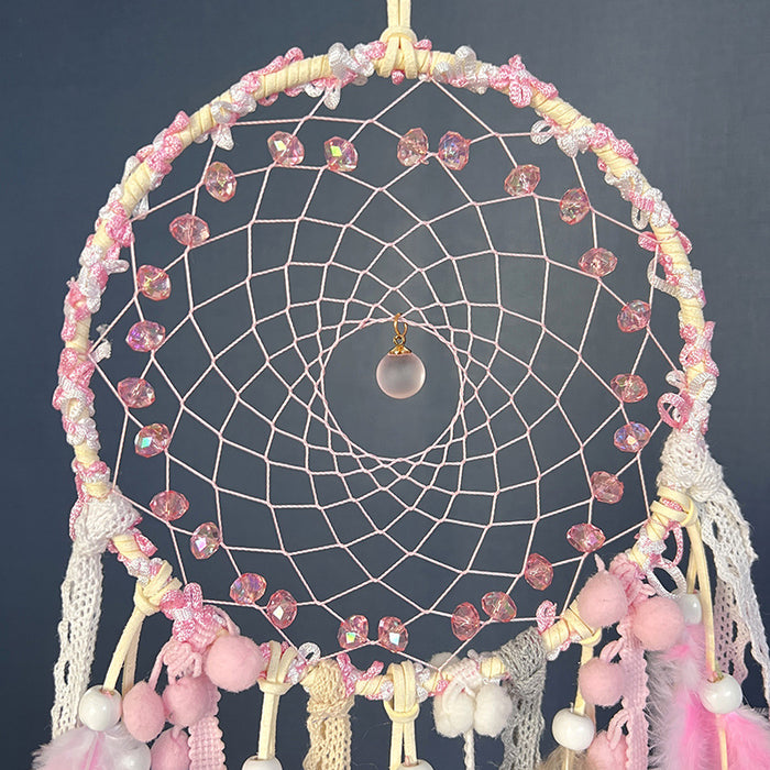 Wholesale Handmade Dream Catcher with Feathers and Glass Beads Pink Living Room Hanging Decor MOQ≥2