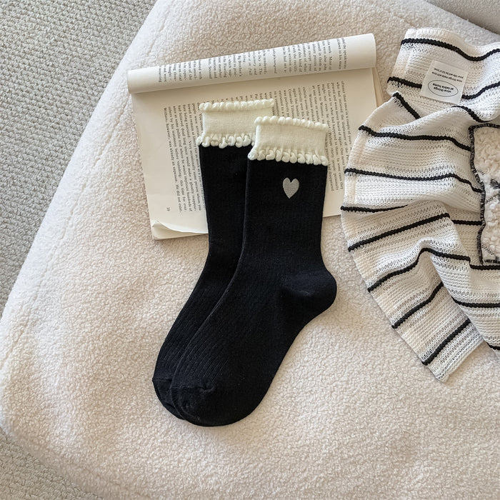 Wholesale New socks with children's embroidery, love heart, women's tube socks, versatile, college style, double-layer lace stacking socks
