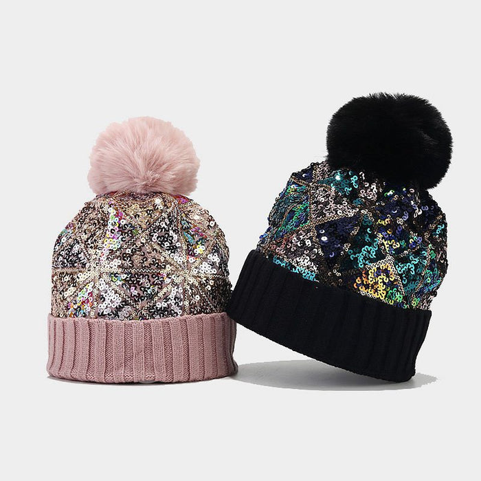 Wholesale Acrylic Colorful Sequins Thick Warm Wool Ball Ear Protection Knitted Hat JDC-FH-LvYi049