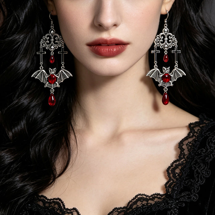 Wholesale Gothic Bat Cross Drop Earrings Red Teardrop Beads Vampire Vintage Jewelry Accessory Party Gift
