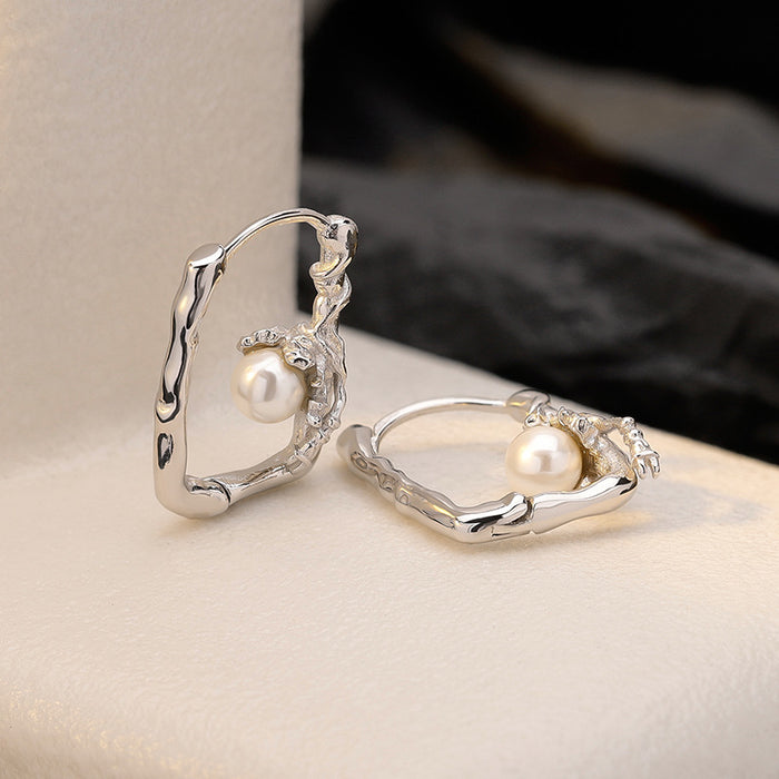 Wholesale Silver Asymmetrical Special-Shaped Texture Inlaid with Shell Beads Earrings