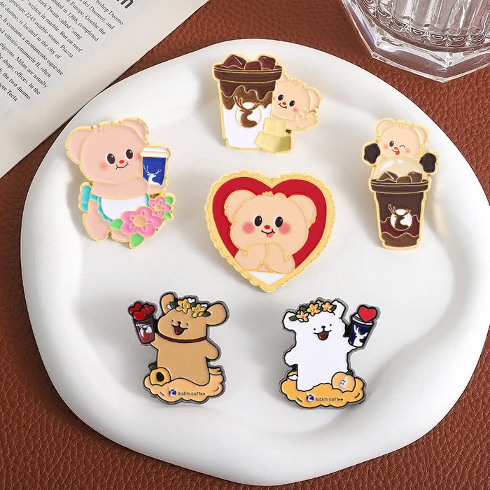 Wholesale Cute Japanese Animal Brooch Pin Bear And Dog Coffee Design Zinc Alloy Fashion Accessory