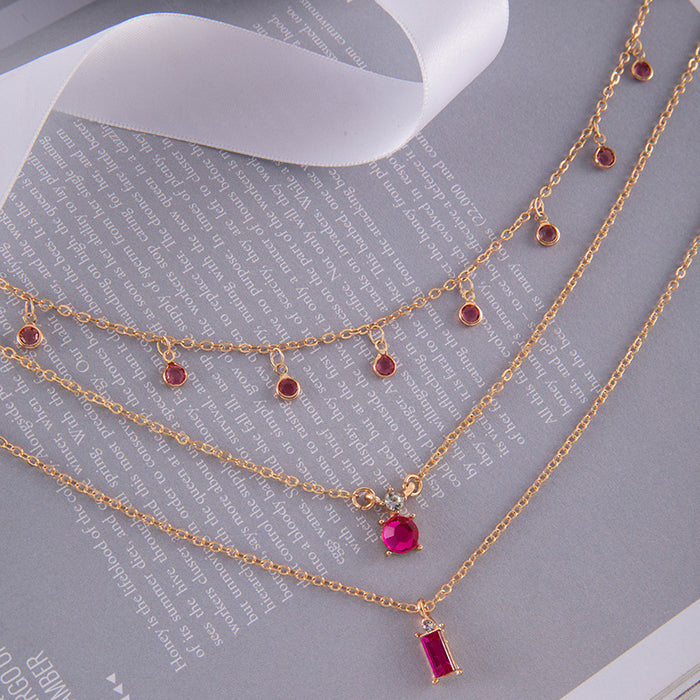 Wholesale Jewelry Color Diamond Pendant Multi-layer Necklace Geometric Imitation Gemstone Inlaid Three-layer Necklace