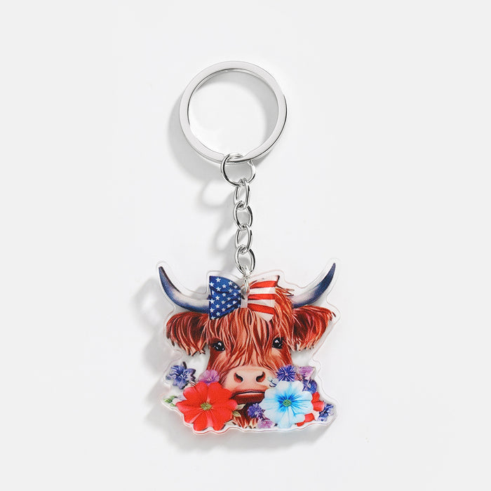 Wholesale 12PCS American Independence Day Acrylic Highland Cow Keychain JDC-KC-HuiWen008