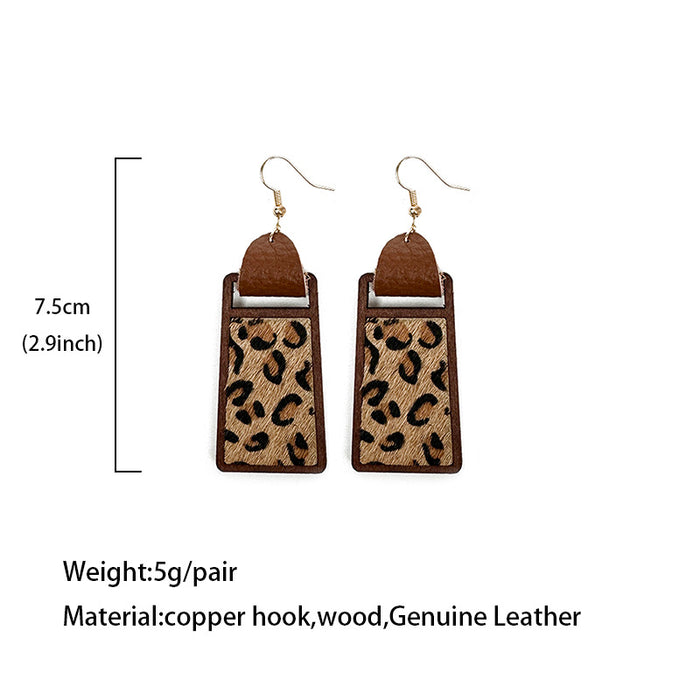 Wholesale Western genuine leather earrings Cow brand geometric hollow inlaid leopard print classic exaggerated earrings