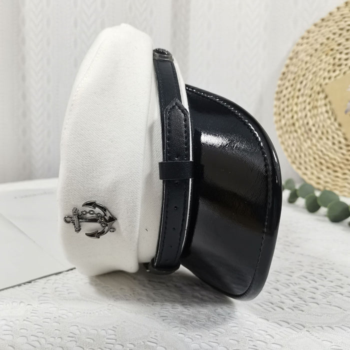 Wholesale New woolen octagonal hat women's belt buckle boat anchor flat top hat shiny leather wide brim versatile navy hat