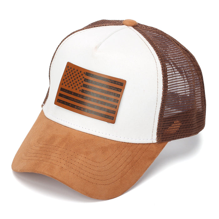 Wholesale Stylish American Flag Leather Patch Trucker Cap Suede Mesh Baseball Cap Summer Casual