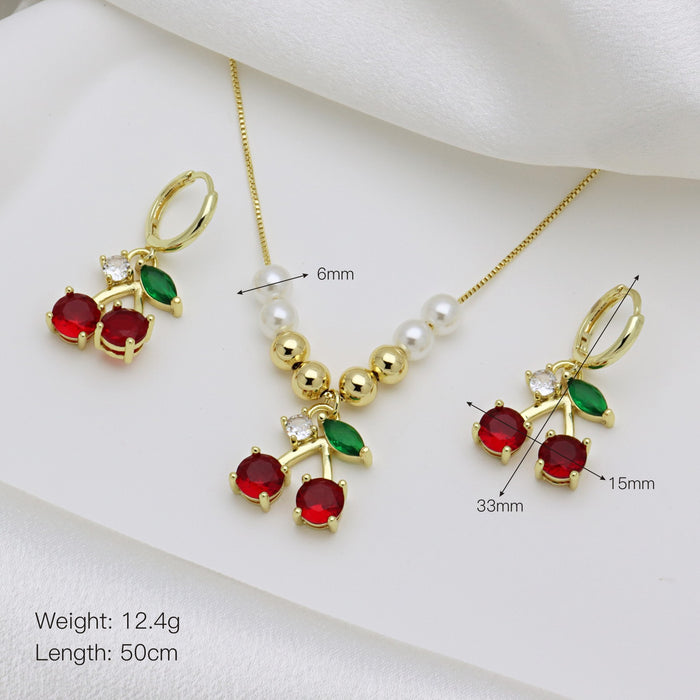 Wholesale Cherry Fruit with Color Zirconium Earrings Necklace Combination suit Copper Beads with Pearl