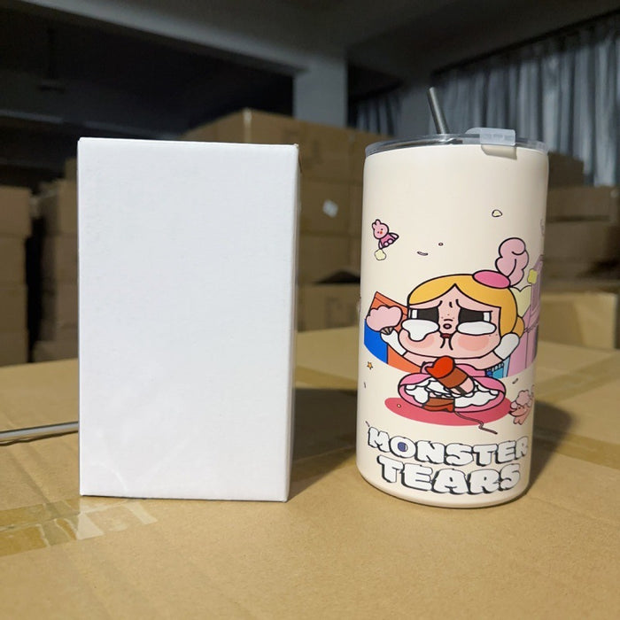 Wholesale stainless steel thermos cup printing cartoon high color value suction tube cup portable large capacity ice coffee cup