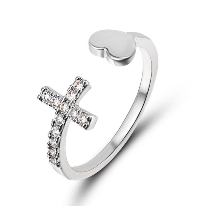 Wholesale Cross Love Heart Geometric Ring with Diamond Finish Alloy Adjustable Accessory