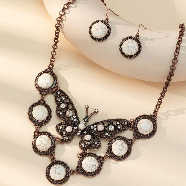 Wholesale Bohemian Turquoise Butterfly Necklace and Earring Set Metal Alloy Jewelry