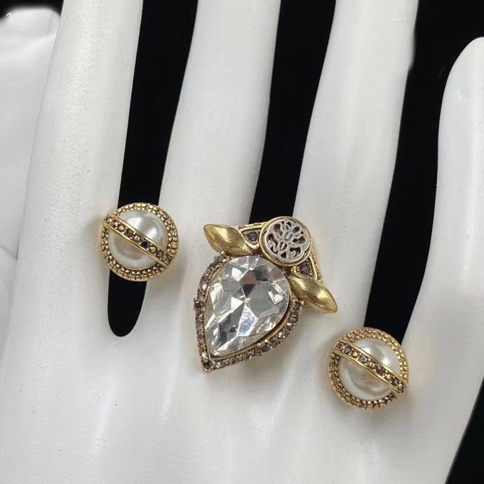 Wholesale 2022 New Maojia Inlaid Dripping Diamond Pearl Retro Ring Brass Material High-end Fashion Versatile Ring