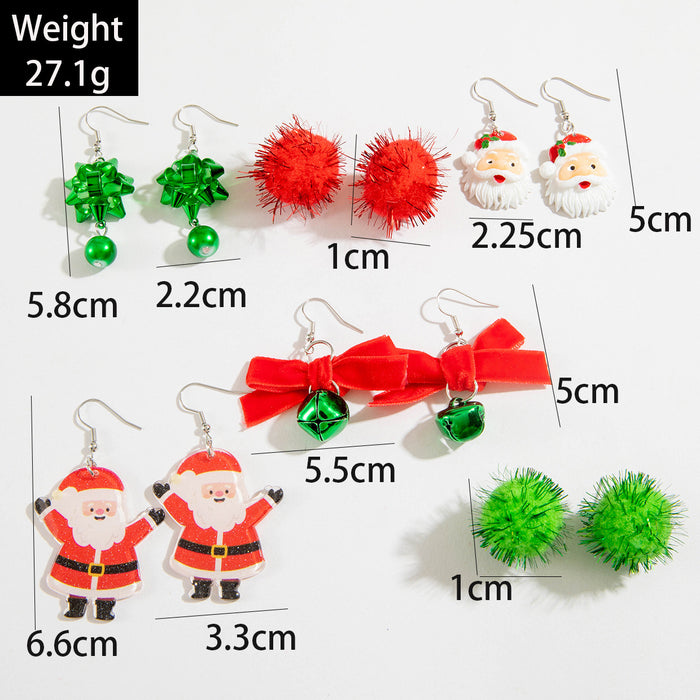 Wholesale Christmas Santa Bell Pom-Pom Earring Set 6-Piece Alloy Iron Fashion Jewelry Gift MOQ≥2