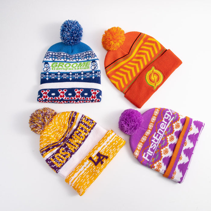 Wholesale 100pcs mix Knitted Jacquard Hat with Customizable Multi-Color Pattern Elastic Encrypted Jacquard Fur Ball Knitted Hat
