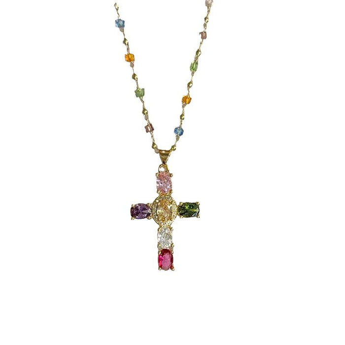 Wholesale Colorful cross, contrasting crystal necklace, niche design, temperament, super sparkling zirconia lock chain