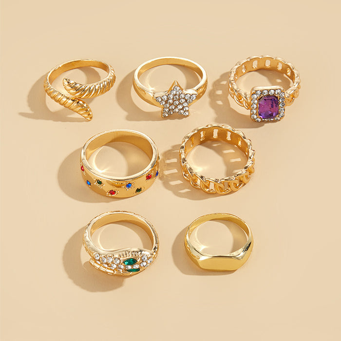 Wholesale Specially designed for personalized alloy 7-piece ring set, star niche stacking set, metal exaggerated opening ring set