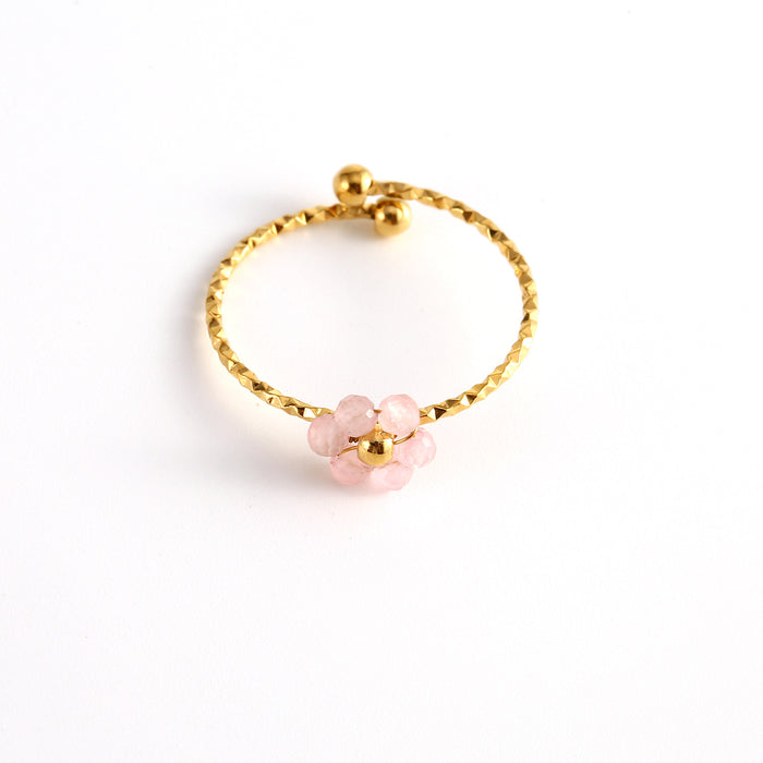 Wholesale Fashionable and minimalist stainless steel cut surface natural stone flower ring, personalized and versatile, multi-color adjustable ring