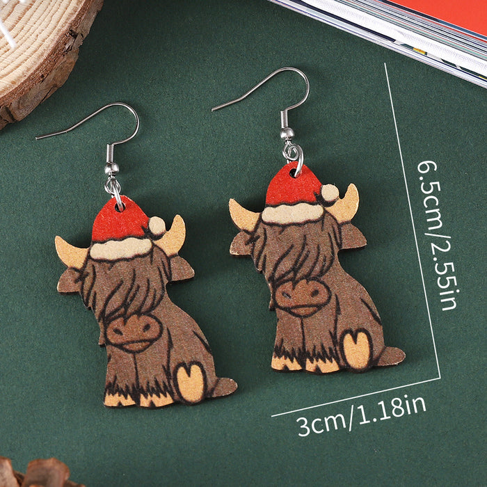 Wholesale Christmas Western Style Christmas Hat Alpine Cow Pendant Earrings Wooden Double-Sided Earrings Christmas Ornaments